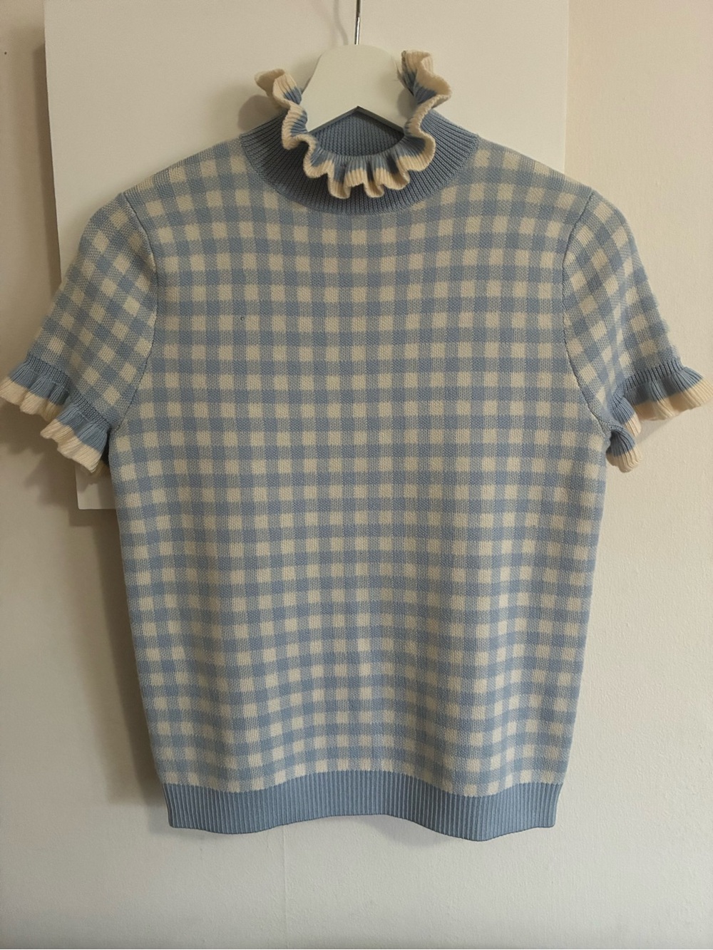Shrimps Blue and Cream Gingham Ruffle Turtleneck Shortsleeved Sweater